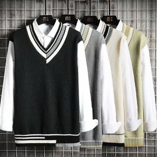 Sweater Vest Men V-Neck Knitted Street Wear ins Fashionable Temperament Hong Kong Style Couple Korean Version Trendy Preppy Pullover