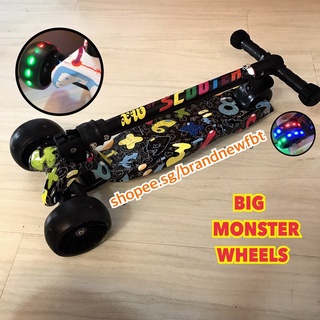 Kick Scooter for Kids - BIG monster and regular wheels 4 Wheels Adjustable Height Flashing LED Wheels foldable