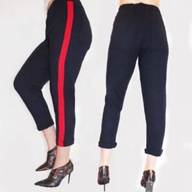 zara black pants with red stripe
