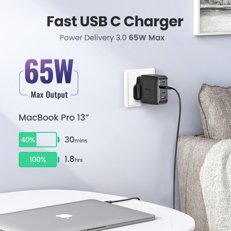 UGREEN 65W UK Plug GaN Charger Quick Charge 4.0 3.0 Type C Charger Fast USB C Charger Compatible for iPhone 14/13/12/11 Huawei