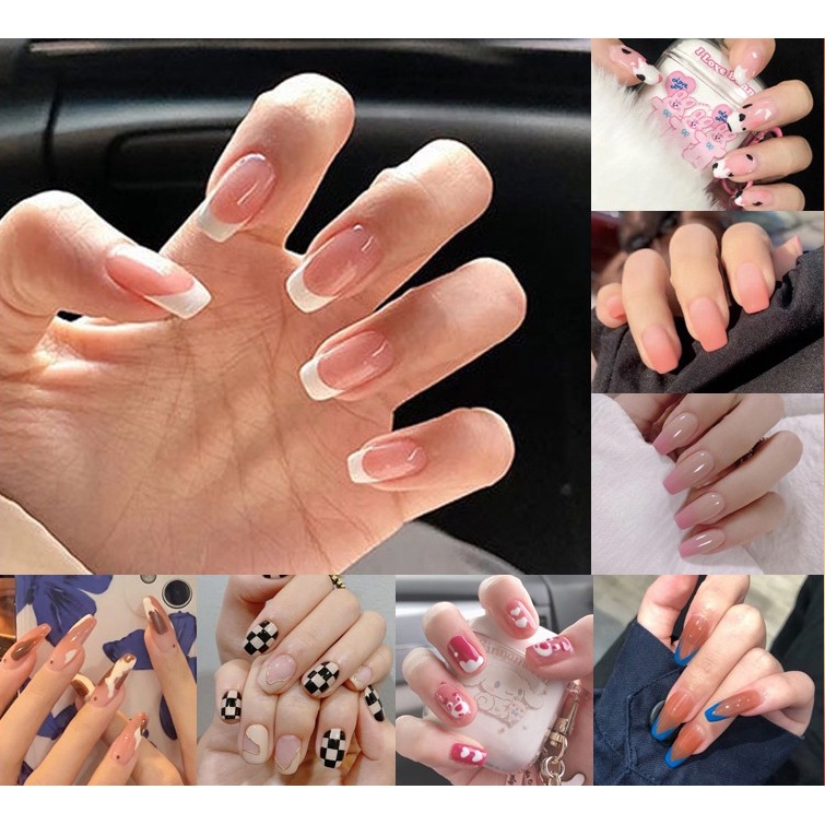 Free Nail Stickers 24pcs White Pink French Fake Nails Long Acrylic Classical Full Artificial Press Nails Shopee Singapore