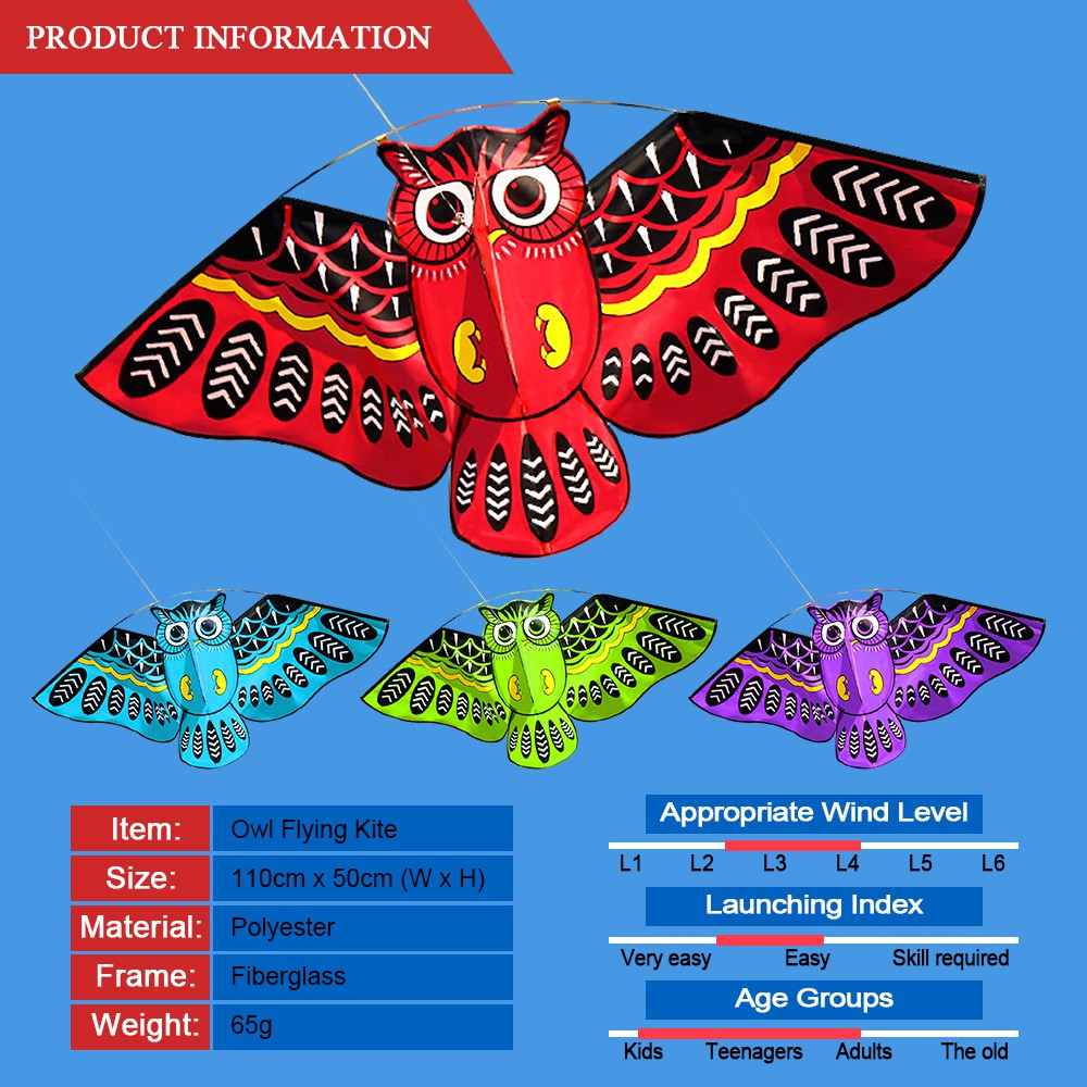 43 X 20 Inch Colorful Cartoon Owl Flying Kite With Kite Line