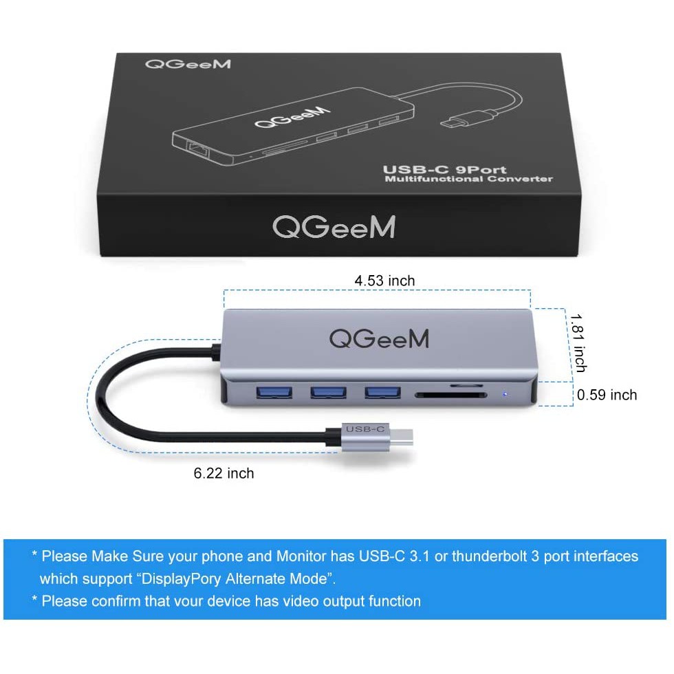 QGeeM 9-in-1 USB C Dongle with HDMI 4K 100W PD Charging USB C Hub SD//Micro Card Reader USB 3.0//2.0 Gigabit Ethernet Laptop Docking Station Compatible with More USB-C Devices USB C to 3.5mm