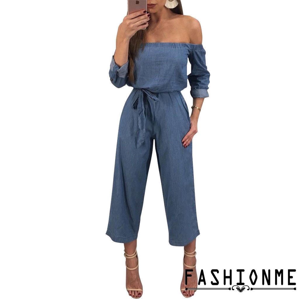 Fih Women Denim Jeans Jumpsuit Off Shoulder Playsuit Overalls Trousers Rompers Shopee Singapore