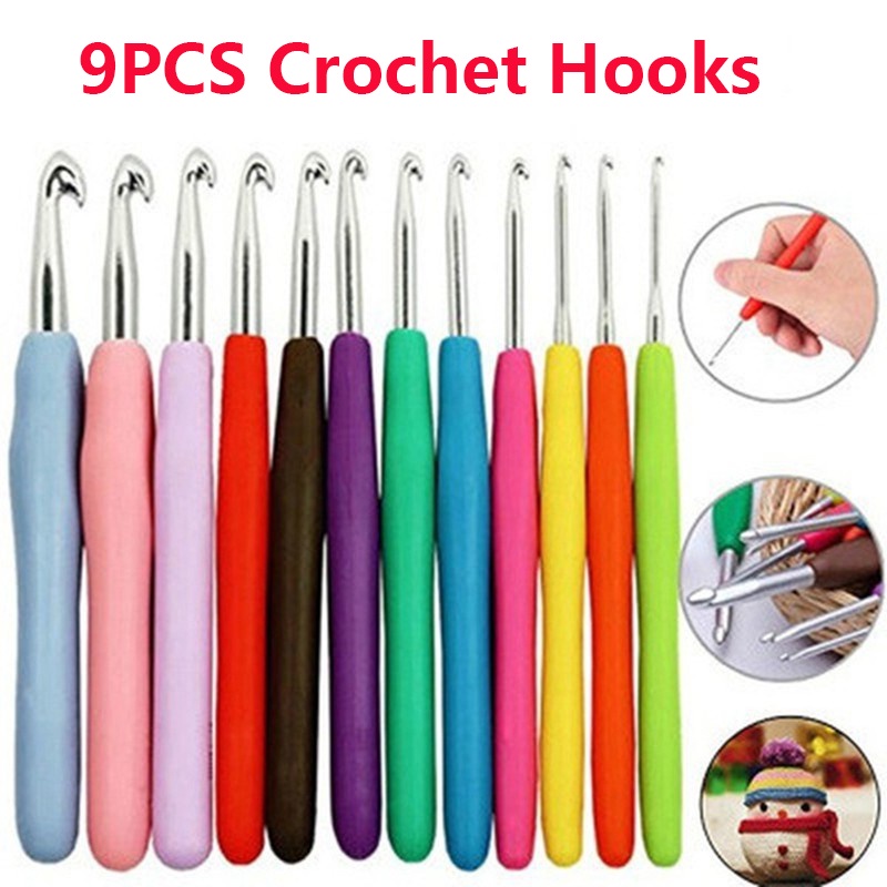9pcs Colorful Soft Plastic Handle Alumina Crochet Hooks Knitting Needles Set 2-6mm Crochet for Weave Sewing Needles Tool