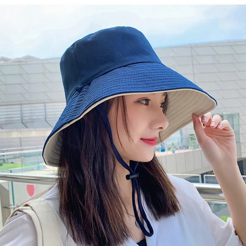 Image of Summer Fashion Women's Big Frame Solid Color Double-sided Sunscreen Fisherman Hat Breathable Cotton Outdoor Travel Bucket Hat #0