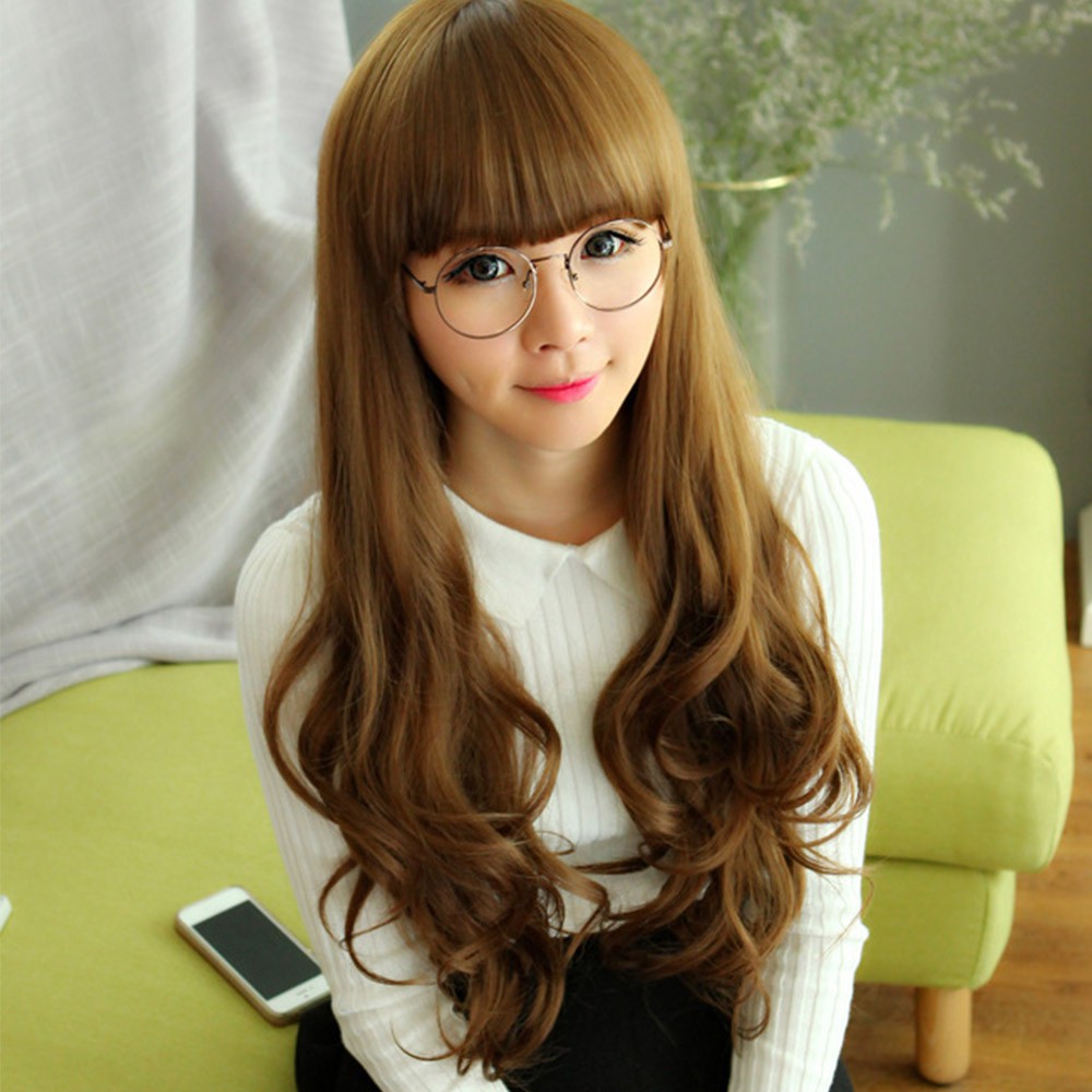 Fashion Flat Bangs Long Wavy Curly Hair Wigs For Cosplay Party