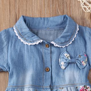 ℛCute Baby Kids Girls Denim Floral Short Sleeve Dress Bowknot Sundress Skirt #6