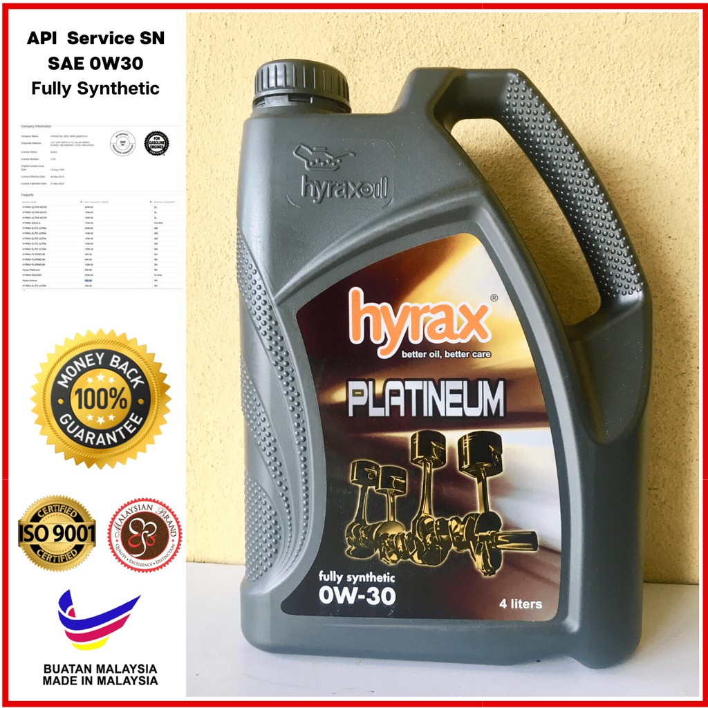 Minyak Pelincir Kereta Fully Synthetic 0w30 Minyak Enjin Hyrax Oil Platineum Minyak Hitam Kereta Berkelas Dunia Shopee Singapore