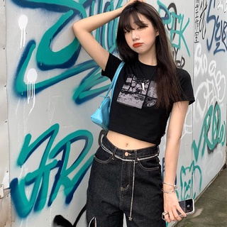 90s Black Goth Harajuku Vintage Grunge Graphic Slim Short Crop Top Streetwear Sexy Summer Harajuku Y2K Punk Casual Women T-Shirt