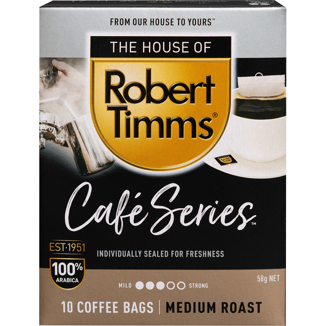 Robert Timms Café Series Coffee Bags 100 Arabica, Medium Roast, 10