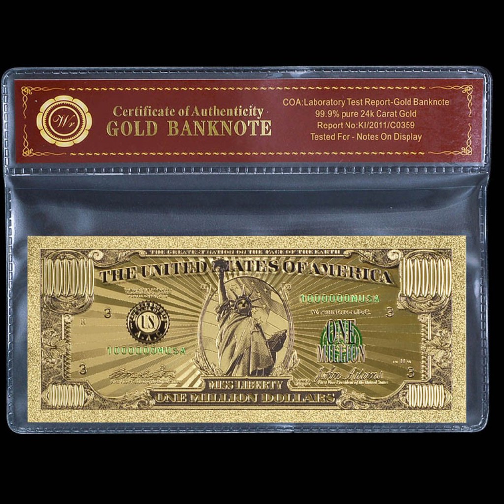 COA WR US $1 One Dollar Bill Note Silver Certificate 24K GOLD Colored Banknote 