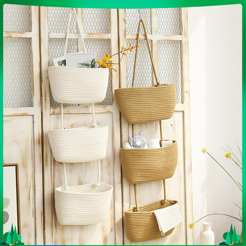 [isuwaxa] Woven 3 Tier Hanging Basket Wall Shelf Fruit and Vegetable