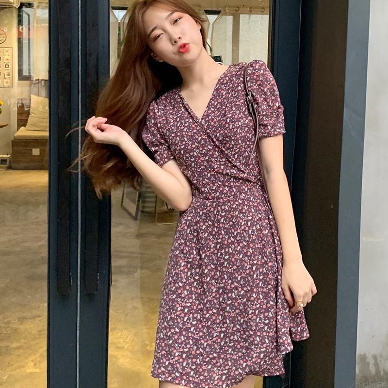 Women's Clothing Midi Dresses Dress Summer V-neck Floral High Waist Lace-up Short  Sleeve Dress | Shopee Singapore