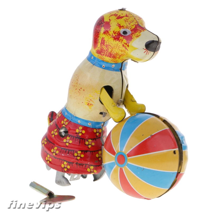 [FINEVIPS] Windup Dog Pushes Round Ball Kids Retro Clockwork Tin Toy
