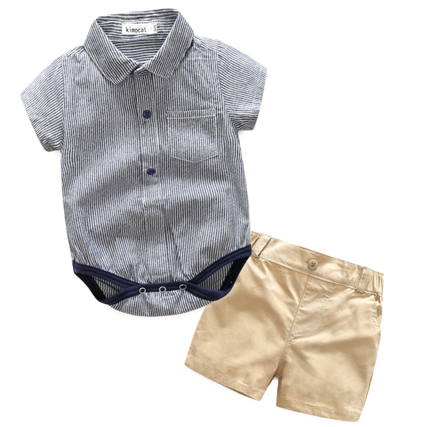 2pc Stripe Blue Shirt Romper Top Khaki Shorts Baby Boys Set Newborn Toddler Kids Casual Wear Shopee Singapore