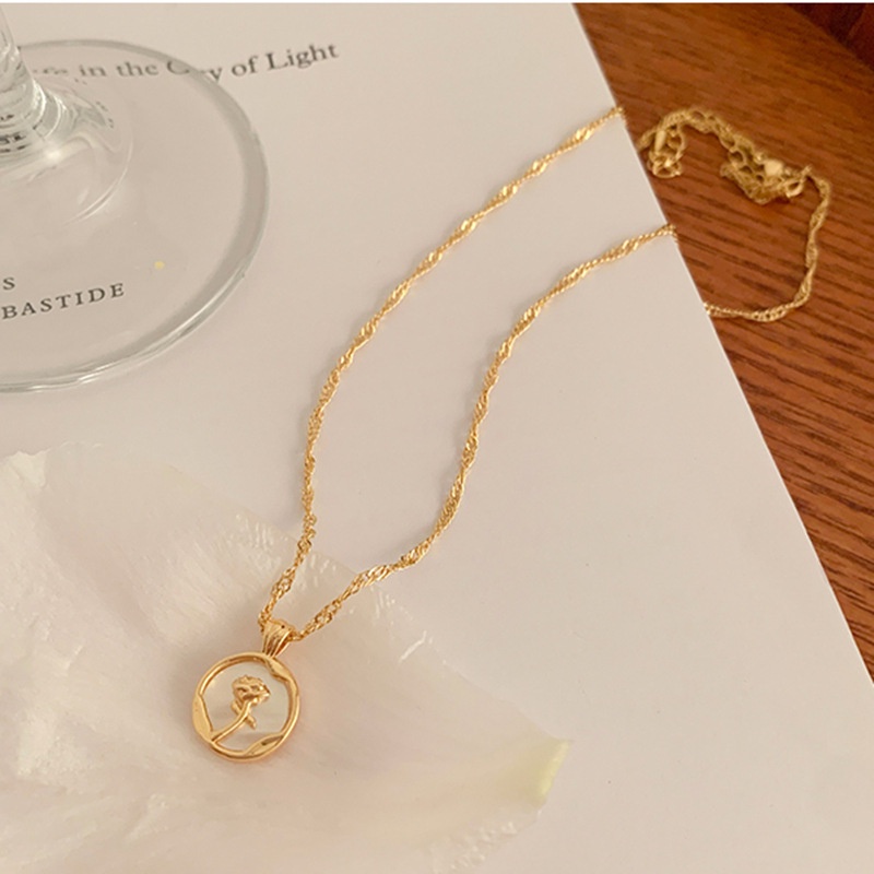 Image of White Simple Rose Necklace Female Personality Round Card Pendant Collarbone Chain Sweet Niche Design Necklace #3