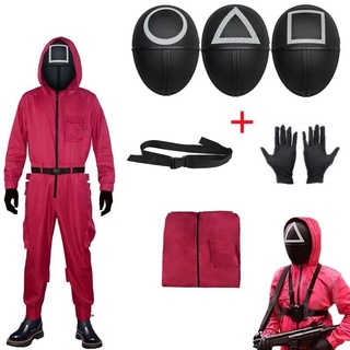 [Adult+child size] Cool squid game role-playing costume jumpsuit logo triangle square face round plastic BOSS face full set of Halloween party costume party supplies