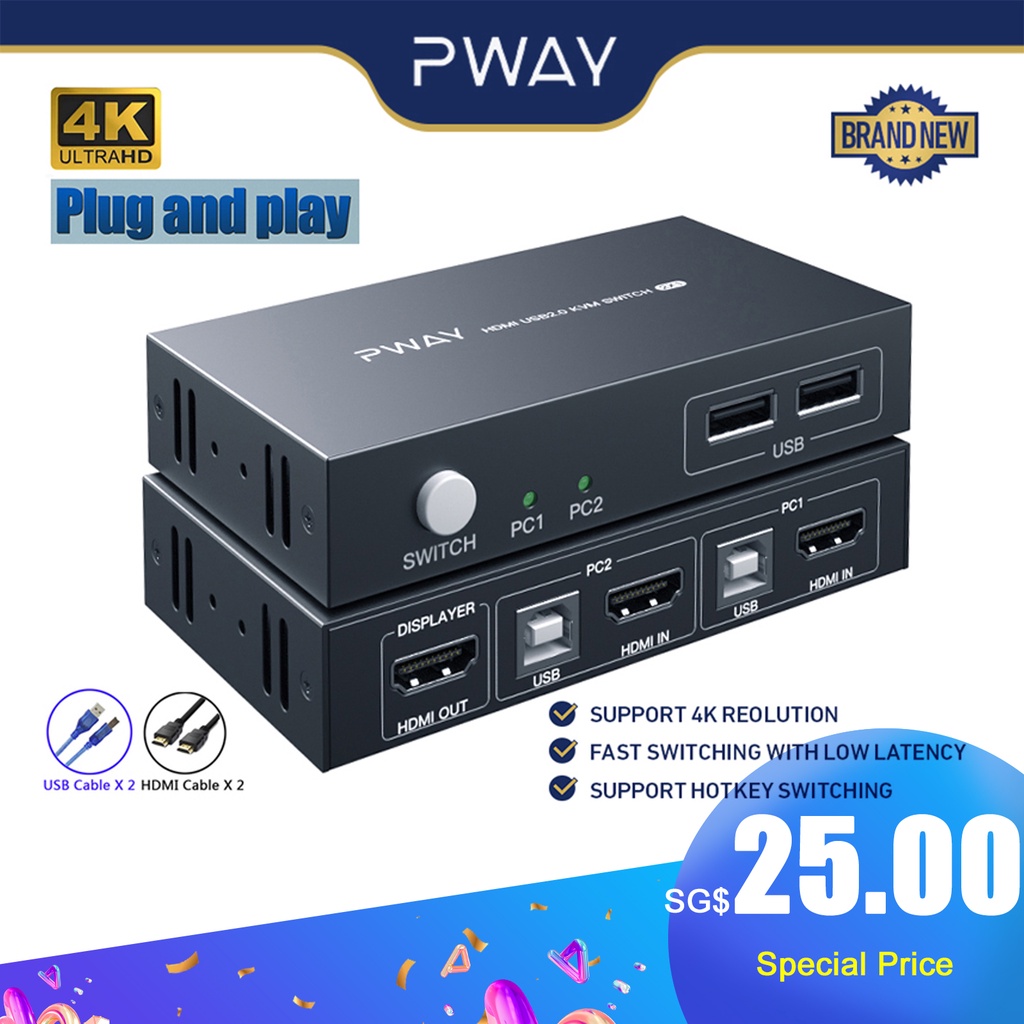 PWAY KVM Switch HDMI Splitter Keyboard Mouse Printer Switcher USB Hub HD Video 4K30Hz 2 In 1 Out