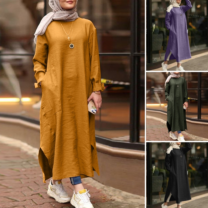 ZANZEA Women Long Sleeve Muslim Vintage Solid Color Maxi Dress | Shopee ...