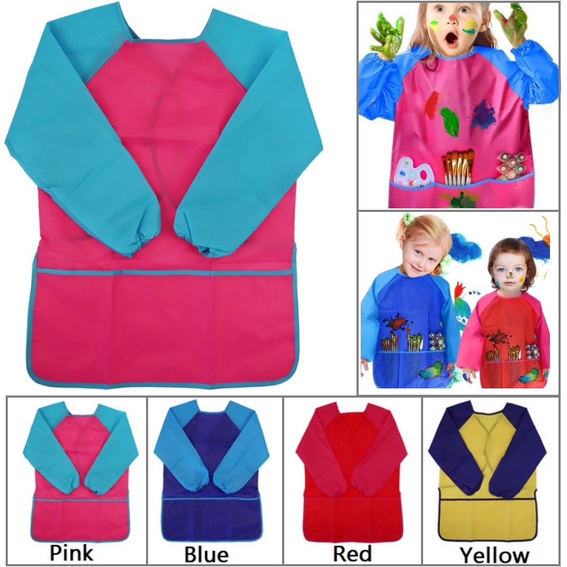 Kids Art Smocks Long Sleeve Waterproof Child Artist Aprons with Three Pockets Suit for Dining Classroom Playing and Art Painting Activity Small Paint Splash Illustration 