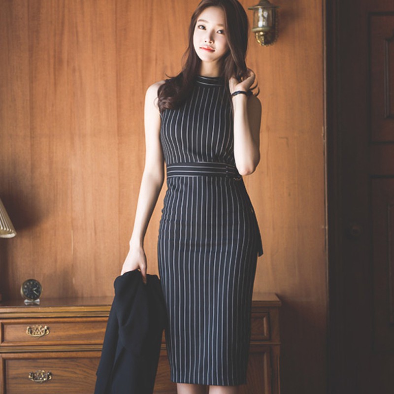 Fashion Women Office Formal Stripes Dress Shopee Singapore