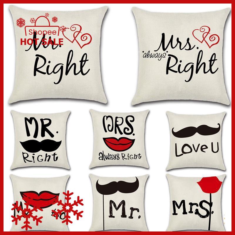Mr Right Mrs Always Right Print Cotton Home Pillow Case Cushion