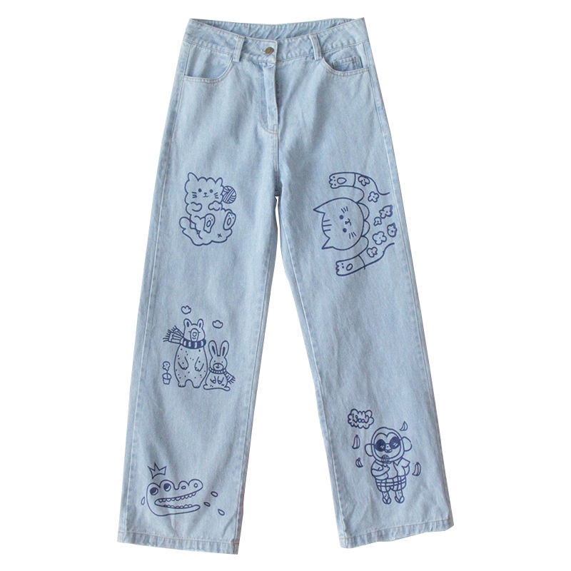 Blue High Waist Jeans For Women Summer Cartoon Print Denim Pants Boyfriend Pocket Casual Korean Style Ladies Denim Trousers Shopee Singapore