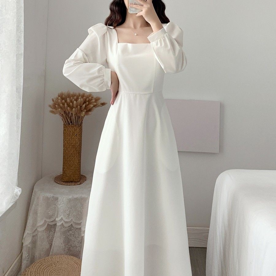 long sleeve floor length white dresses