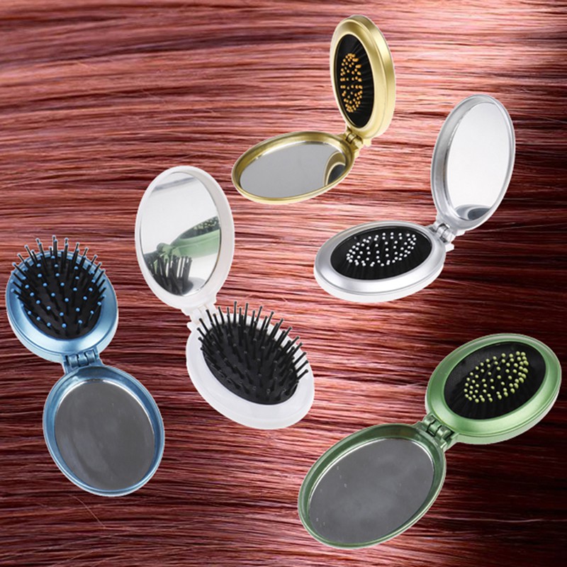 [yewcat]Portable travel folding hair brush with mirror compact pocket