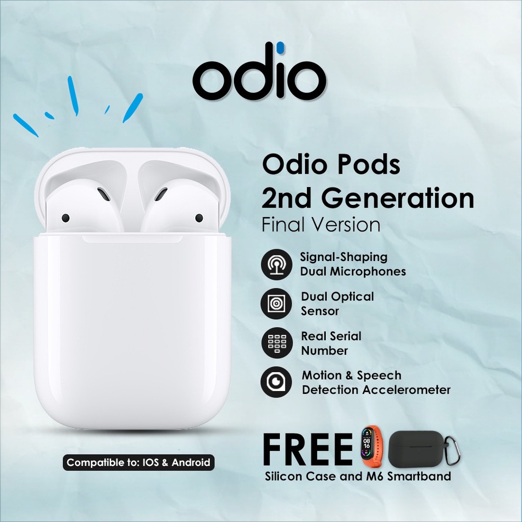 Odio Pods Gen 2 2022 100% Original Wireless Charging Case (Highest Upgrade + With Real Battery Indicator) +  Free Silicone Case & M6 Smartband Airpds by Odio Indonesia Official  Rp482,500