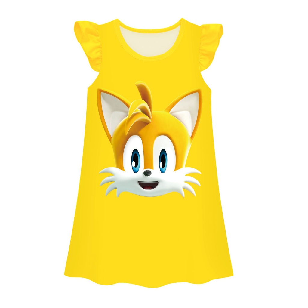 Sonic 2 Flying Sleeve Skirt Girls Dress Summer Children Nightdress 2022 New Cartoon Print Home