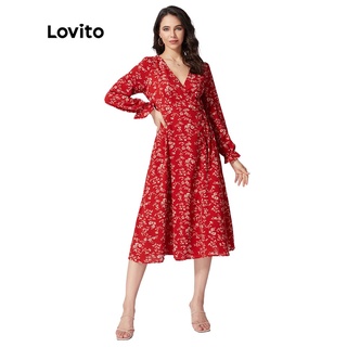 Image of Lovito Boho Floral Print V Neck Flared Red A-Line Dress L01146 (Red/Pink/Blue/Yellow/Red-1)