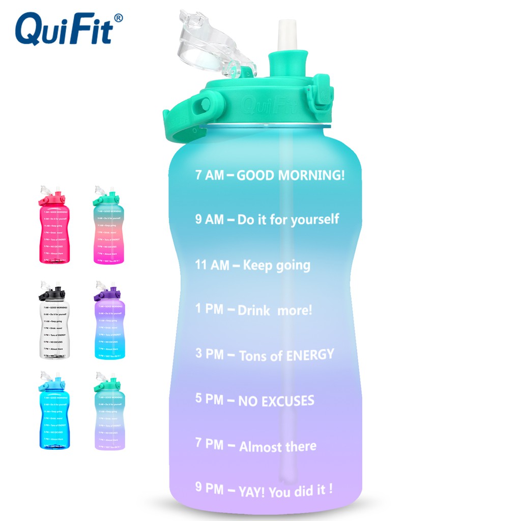 QuiFit 2L Water Bottle With New Flip Lid & Drinking Straw and Motivational Time Marker BPA Free