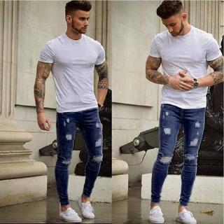 New Mens Jeans Skinny Stretch Denim Pants Slim Fit Jeans Hole Pencil Pants Shopee Singapore