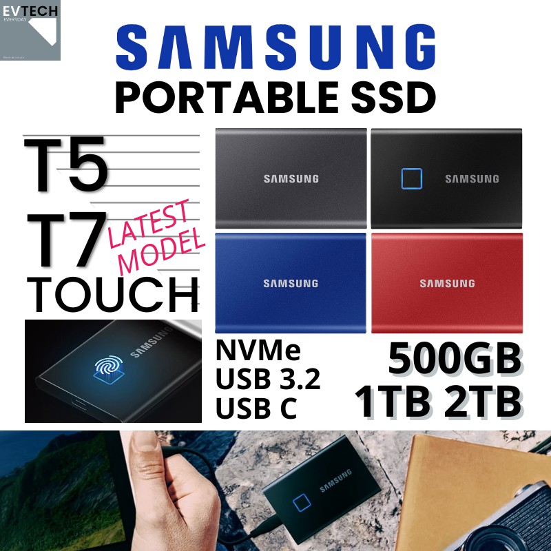LOWEST PRICE! Samsung T7 TOUCH T5 Portable SSD | 500GB / 1TB / 2TB - Black  Silver Blue Grey Red | Shopee Singapore