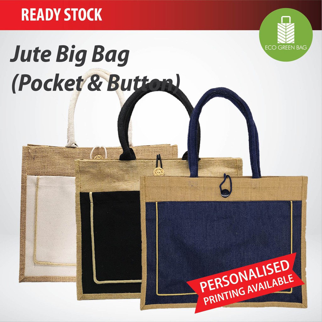Jute Bag Large with Colour Canvas Pocket and Button A3 Beg Jute Besar