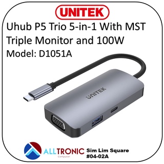 Unitek 5-in-1 USB-C Hub with MST Triple Monitor and 100W with Power Delivery  uHUB P5 Trio Model :D1051A