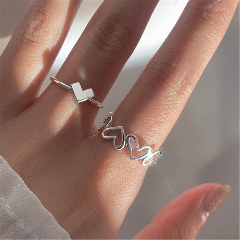 Image of Korean Ring Set Simple Cute Silver  Heart AdjustableRing for Women Accessories Jewelry #5