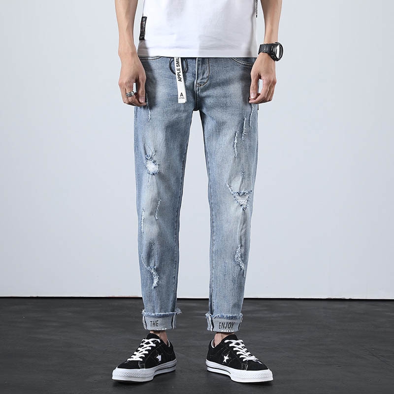 Fashion Cool Men S Jeans Holes Ankle Length Light Blue Washed Denim Shopee Singapore