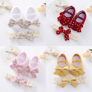 Baby Girls Shoes Newborn Flats Shoes with Headband Infant Non-Slip Soft Sole Bowknot Shoes Toddler Baby First Walkers 0-18Month