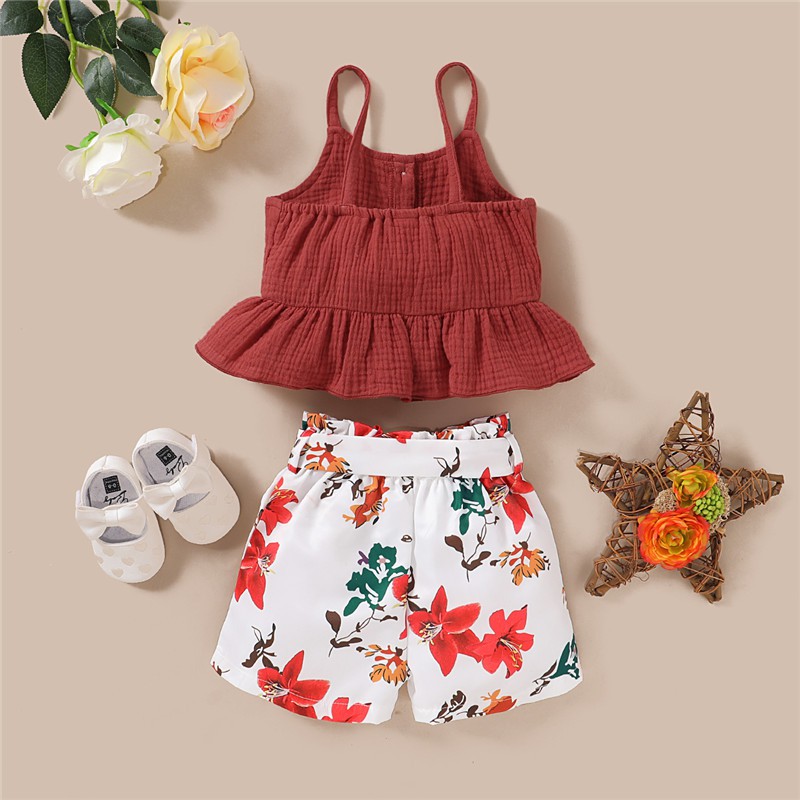 Kids Baby Girl Clothes Set Linen Strap Top + Shorts Floral Print 2PCS Outfit – >>> top1shop >>> shopee.sg