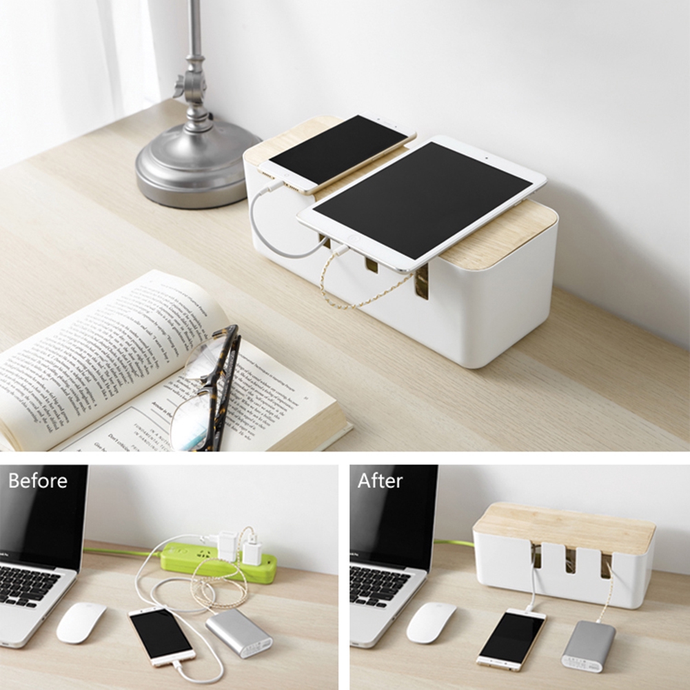Cable Management Box With Wooden Lid For Cords Power Strips Home Office Desks Organizer Shopee Singapore