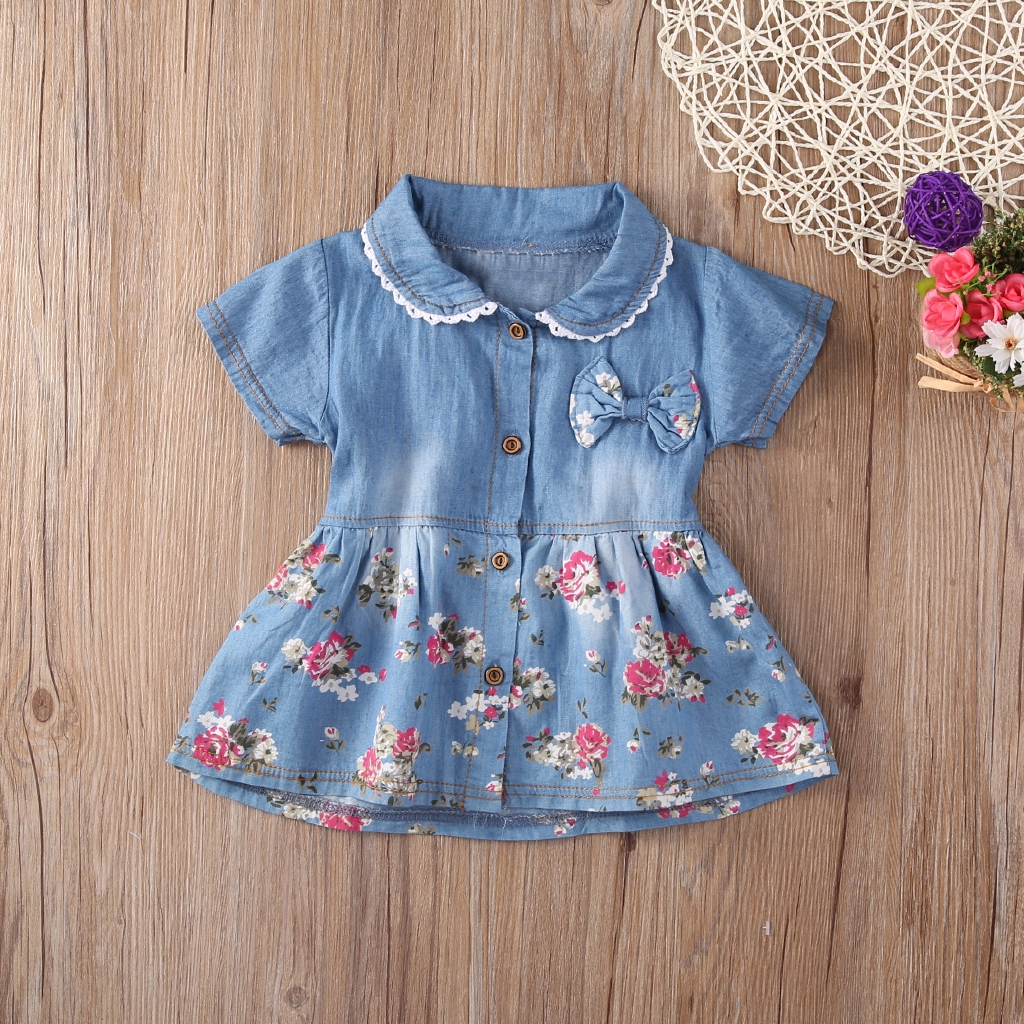 ℛCute Baby Kids Girls Denim Floral Short Sleeve Dress Bowknot Sundress Skirt