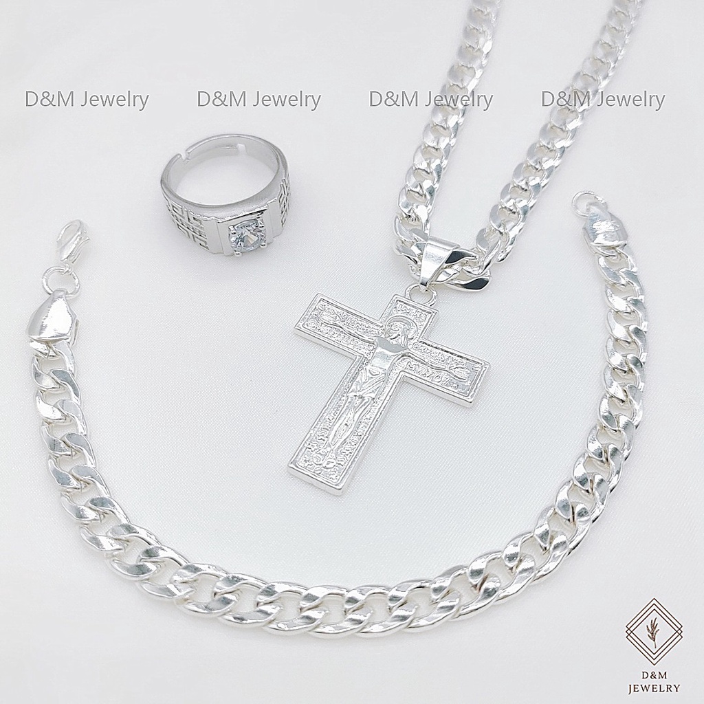D&M Jewelry 925 Silver Stainless steel Necklace with Cross pendant Bracelet Adjustable Ring with box