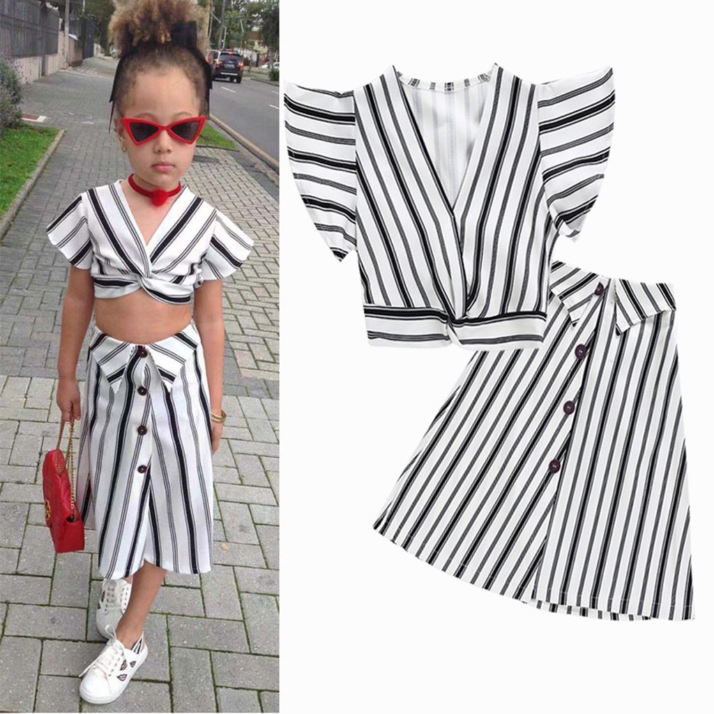UK Fashion Kid Baby Girls Dot Crop Tops Striped Bowknot Button Dress Outfits Set