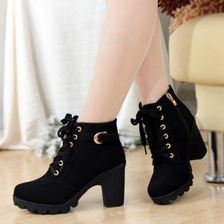 Image of Girl Women High Top Heel Lace Up Buckle Ankle Boots Winter Pumps Suede Shoes