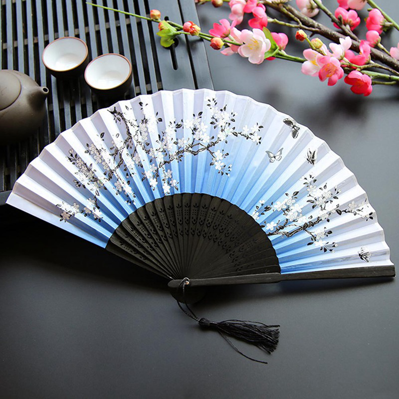 TianranRT Vintage Bamboo Folding Hand Hero Flower Fan Chinese Dance Party Bag Gifts light blue 