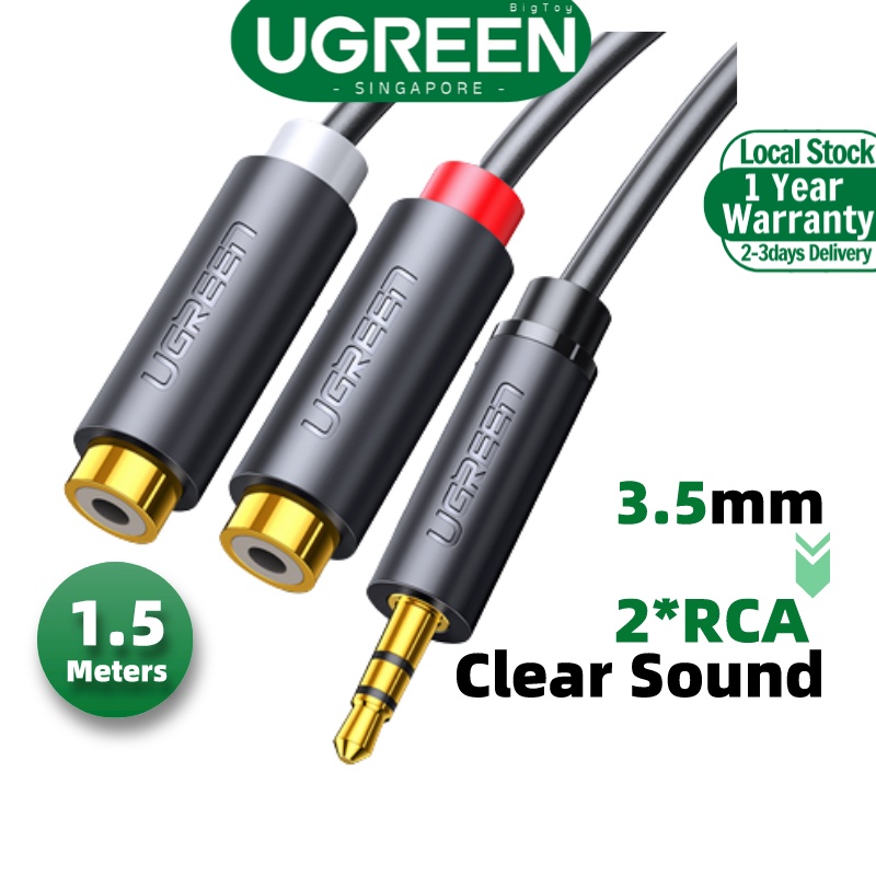 UGREEN Braided RCA Audio Cable - 3.5mm Jack To Dual RCA Phono, Gold Plated (1m-5m Lengths)