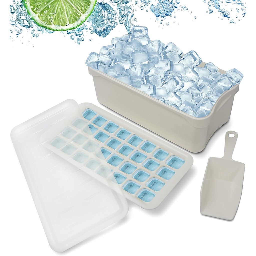 Ice Holder Storage for Freezer Container Ice Cube Bin Bucket Trays Refrigerator with Scoop Lids 